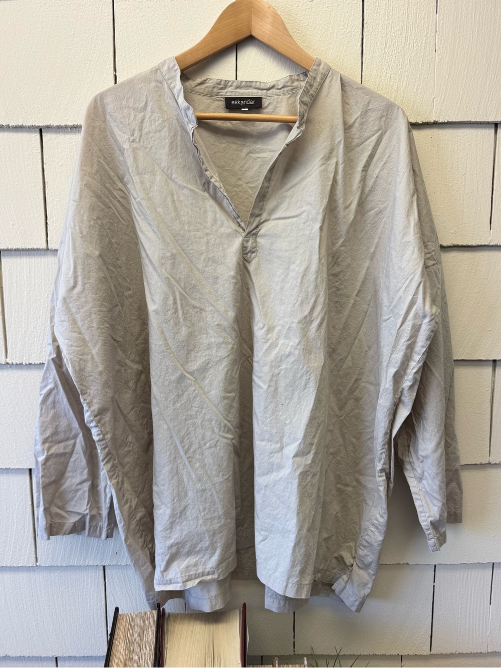 Eskandar Lightweight Cotton Relaxed Tunic Mandarin Collar Tan L XL Long Sleeve